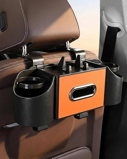 Car Organizer and Storage Box, 4 in 1 Multifunctional with 2 Cup Holders Tissue Box and 2 Hooks, Back Seat Car Organizer, Car Back Seat Storage Organizer (Orange)