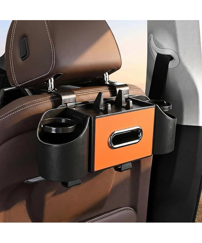 Car Organizer and Storage Box, 4 in 1 Multifunctional with 2 Cup Holders Tissue Box and 2 Hooks, Back Seat Car Organizer, Car Back Seat Storage Organizer (Orange)