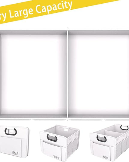 Homeve Trunk Organizer, Car Storage, Reinforced Handles, Collapsible Multi-Compartment, Foldable, Waterproof, Sturdy, 600D Oxford Polyester For Car, SUV, Mini-Van, White, 2 Compart-Small