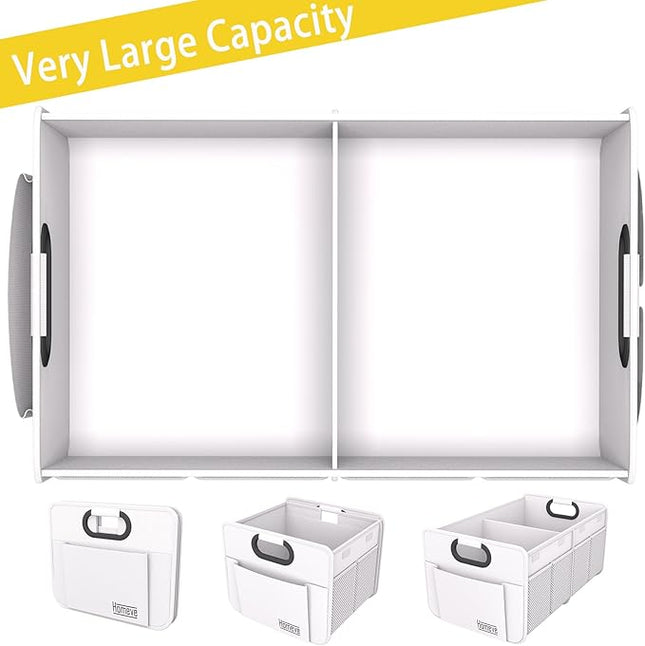 Homeve Trunk Organizer, Car Storage, Reinforced Handles, Collapsible Multi-Compartment, Foldable, Waterproof, Sturdy, 600D Oxford Polyester For Car, SUV, Mini-Van, White, 2 Compart-Small