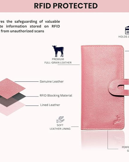 DEERHANDMADE womens wallet (Holds 15-18 Cards, 4 Flat Pockets, 1 ID Windows) Genuine Leather clutch purses for women | Slim long wallets for women | rfid blocking wallet (pink wallets)