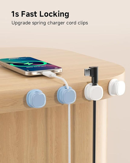 9 Pack Cord Organizer, Spring Cable Management, Adhesive Cute Cable Holder Clips, Phone Charger Wire Keeper for Desk Nightstand Car Office (9-Pack White_Blue)