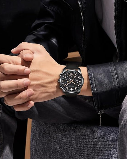 Watches for Men Chronograph Analog Luminous Quartz Watch Blue Black Luxury Genuine Leather Mens Watches Business Sports Waterproof Wristwatch Elegant Gift for Him