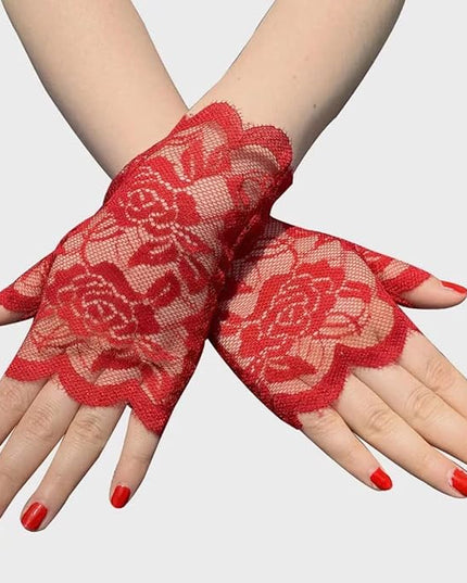 Women's Short Lace Gloves Fingerless for Driving Wedding Wrist Length Bridal Prom Gloves