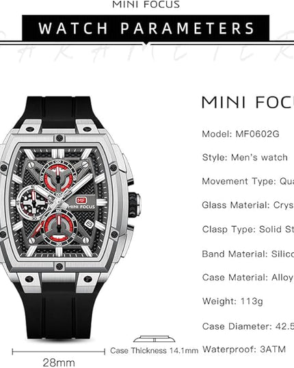 MF MINI FOCUS Men's Watch Analog Fashion Wrist Watch, Skeleton Tonneau Watch for Men with Chronograph,Ideal for Sports Enthusiasts and Daily Wear