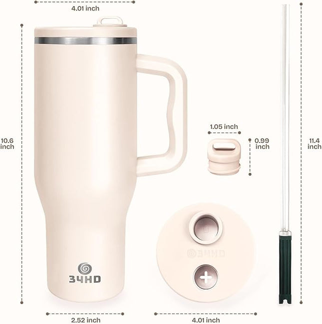 34HD 40 oz Stainless Steel Tumbler - Leakproof Insulated Water Bottle with Handle, Magnetic Lid and Flexible Straw - Iced for 48 Hours – Perfect for Men, Women, Birthday Gift, White - Vanilla Cloud