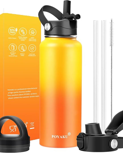 Water Bottle Insulated 32oz 40oz 64oz 128oz Straw Lid Spout Lid & 3 Lids, Leak Proof, Vacuum Insulated,Stainless Steel Water Bottle Wide Mouth for Sports, Gym or Office