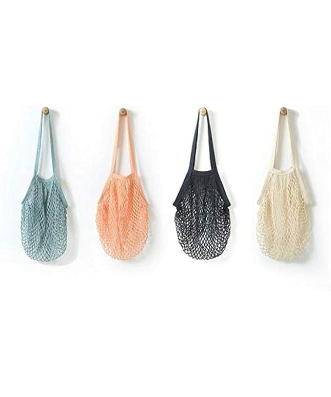 4 Pack Portable Reusable Grocery Bags Fruit and Vegetable Bag Washable Cotton Mesh String Organic Organizer Shopping Handbag Long Handle Net Tote (blue,Black,Beige,Orange)