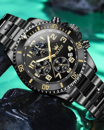 OLEVS Mens Watches Chronograph Watch Luxury Dress Stainless Steel Waterproof Watches for Men Moon Phase Luminous Business Calendar Wrist Watch Blue/Black/Green/Gold/Face