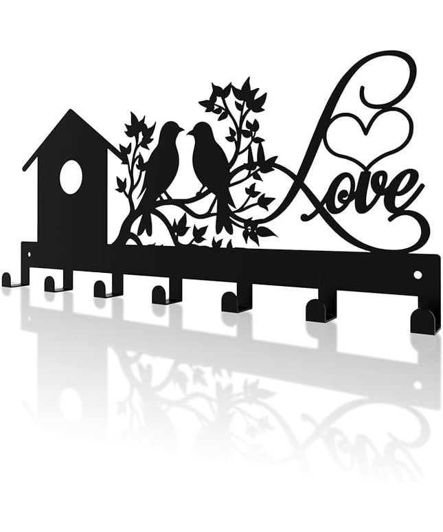 Hppybiry Metal Key Holder, Wall Mounted Key Hooks, Key Holder for Wall, Key Organizer Rack with 7 Hooks, Key Hanger Decor for Kitchen, Entryway, Hallway, Bedroom, Doorway (House Bird 12IN)