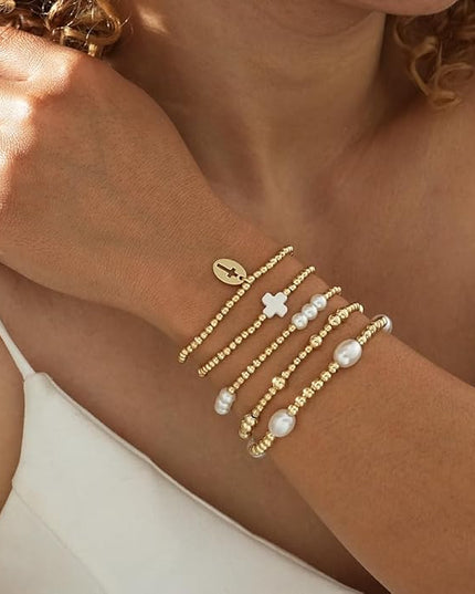 Gold Beaded Bracelets for Women, 14K Real Gold Plated Jewelry for Women Dainty Pearl Bead Bracelets Stack, Non Tarnish Trendy Stackable Ball Cross Stretch Bracelet Set Fashion Accessories Gifts
