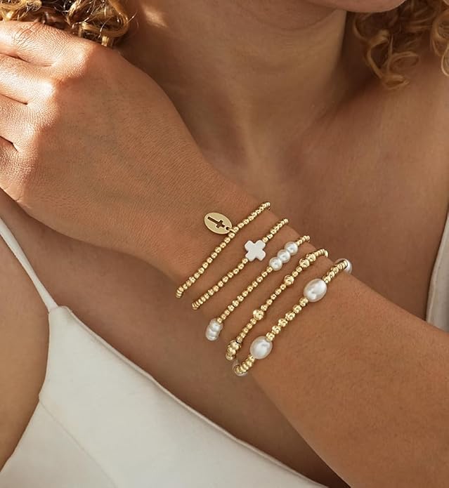 Gold Beaded Bracelets for Women, 14K Real Gold Plated Jewelry for Women Dainty Pearl Bead Bracelets Stack, Non Tarnish Trendy Stackable Ball Cross Stretch Bracelet Set Fashion Accessories Gifts