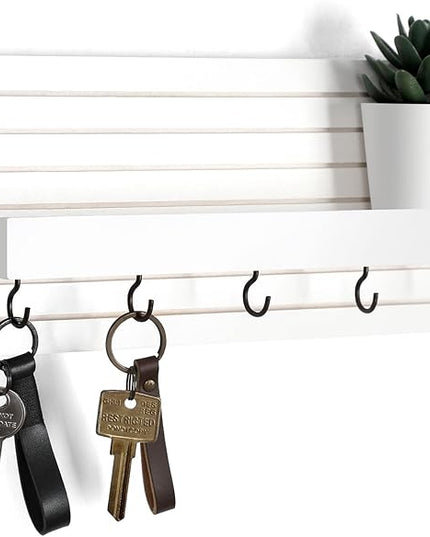 Lwenki Decorative Key Holder for Wall with Shelf, Entryway Shelf with Hooks Holds Leashes, Jackets and Glasses – Sturdy Wood Keyholder Entrance Hanger with Mounting Hardware (White, Medium)