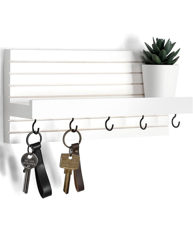 Lwenki Decorative Key Holder for Wall with Shelf, Entryway Shelf with Hooks Holds Leashes, Jackets and Glasses – Sturdy Wood Keyholder Entrance Hanger with Mounting Hardware (White, Medium)