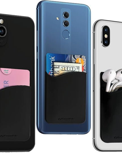 USA Merchant Redesigned Card Holder - Silicone Stick on Cell Phone Wallet with Pocket for Credit Card ID Business Card - iPhone Android & Smartphones (Black)