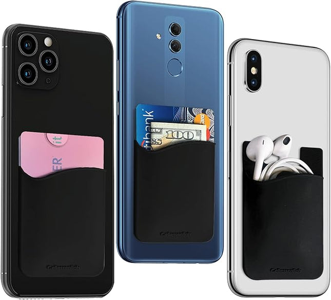 USA Merchant Redesigned Card Holder - Silicone Stick on Cell Phone Wallet with Pocket for Credit Card ID Business Card - iPhone Android & Smartphones (Black)