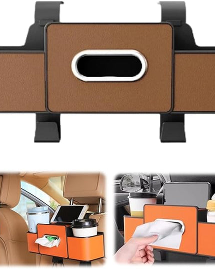 4 in 1 Car Organizers and Storage Box,2026 Upgraded Multifunctional Car Organizers with Tissue Boxs and Hook, Drink Holder for Car (Brown)