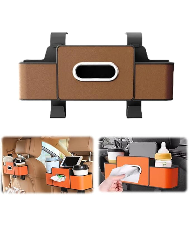 4 in 1 Car Organizers and Storage Box,2026 Upgraded Multifunctional Car Organizers with Tissue Boxs and Hook, Drink Holder for Car (Brown)