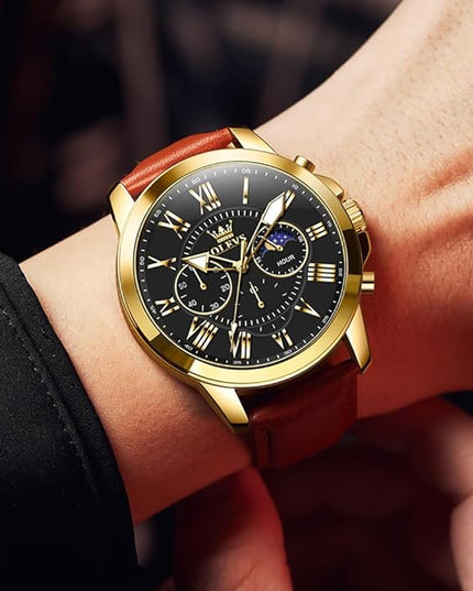 OLEVS Men's Watches Leather Strap Analog Quartz Watch, Fashion Big Dial Date Waterproof Watch, Dress Luxury Luminous Men Watches