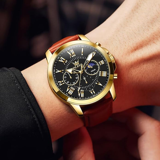OLEVS Men's Watches Leather Strap Analog Quartz Watch, Fashion Big Dial Date Waterproof Watch, Dress Luxury Luminous Men Watches