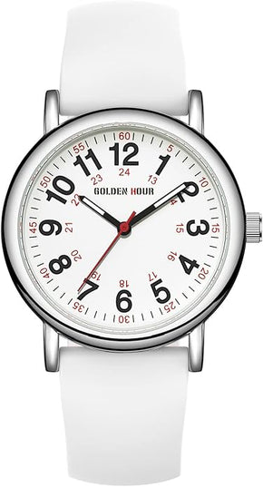 GOLDEN HOUR Waterproof Nurse Watch for Medical Professionals, Students Women Men - Military Time Luminouse Easy Read Dial, 24 Hour with Second Hand, Colorful Silicone Band