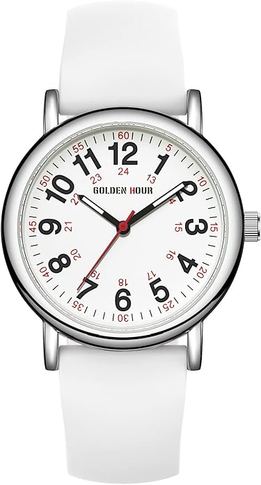 GOLDEN HOUR Waterproof Nurse Watch for Medical Professionals, Students Women Men - Military Time Luminouse Easy Read Dial, 24 Hour with Second Hand, Colorful Silicone Band