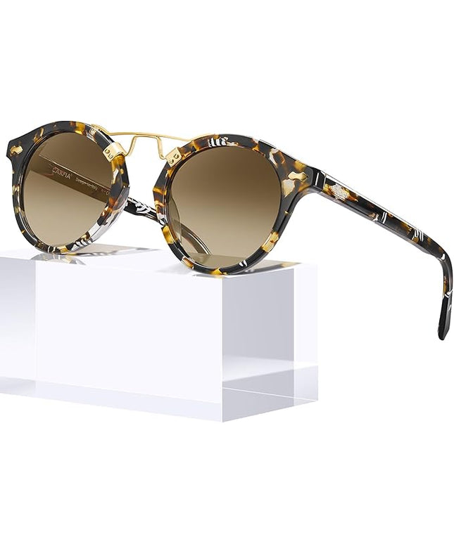 CARFIA Small Face Acetate Polarized Sunglasses for Women UV Protection, Retro Double Bridge Eyewears Metal Brow Round Sunnies