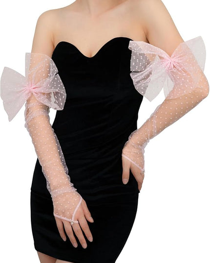 Long Fingerless Lace Gloves with Bow Polka Dot Wedding Bridal Mesh Sheer Gloves Long Opera Party Accessories