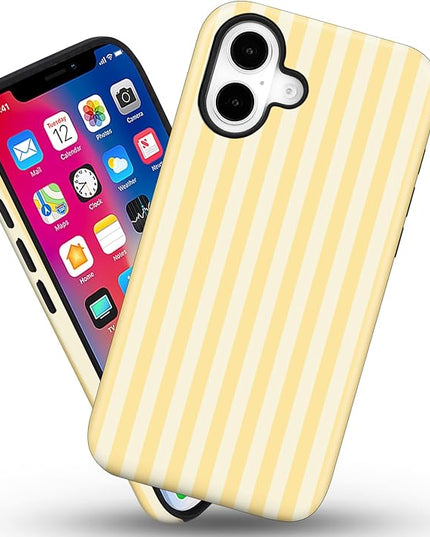 Magnetic for iPhone 16 Case Cute Stripes Phone Case, Shockproof Slim TPU and Hard PC Protective Phone Cover Compatible with MagSafe Designed for Women Girls, Yellow