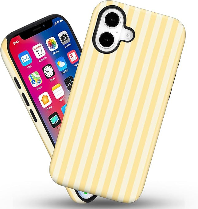 Magnetic for iPhone 16 Case Cute Stripes Phone Case, Shockproof Slim TPU and Hard PC Protective Phone Cover Compatible with MagSafe Designed for Women Girls, Yellow