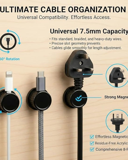 Magnetic Cable Organizer 8-Pack Glossy Black - Rotating Magnetic Clip Cord Keeper for Desk, Nightstand & Car - Adhesive Management System for USB & Power Wires