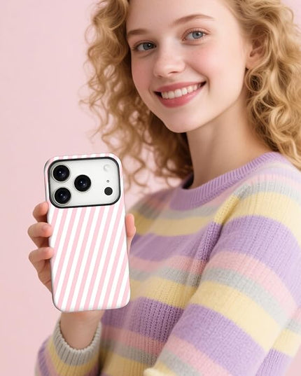 Magnetic for iPhone 17 Pro Case Cute Diagonal Stripes Phone Case, Shockproof Slim TPU and Hard PC Protective Phone Cover Compatible with MagSafe Designed for Women Girls,Pink