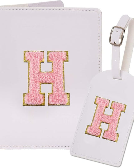 ULICO Initial Passport Cover and Luggage Tag Set,PU Leather Letter Passport Case Holder Travel Suitcase Tag, Personalized Travel Luggage Accessories Gifts for Women Kids Teenage White H