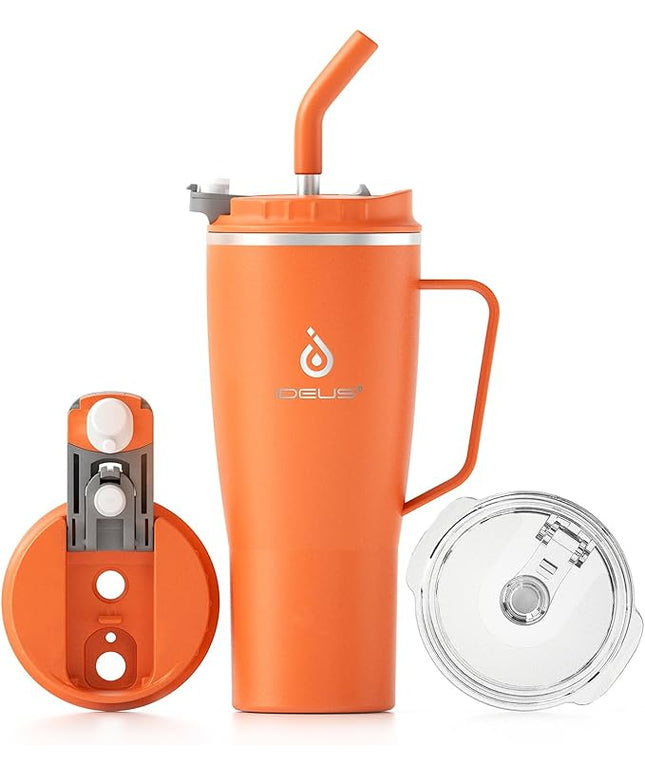 Ideus 32 oz Tumbler with Handle and Straw, Vacuum Insulated Stainless Steel Travel Mug, 100% Leakproof, Cup Holder Friendly, Orange