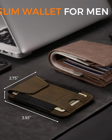 RUNBOX Slim Wallet for Men Front Pocket wallet with Cash Strap Minimalist Leather RFID Blocking wallet