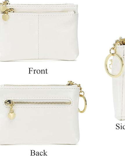 ZOOEASS Women PU Leather Zip Mini Coin Purse With Key Ring Triple Zipper Card Holder Wallet (White)