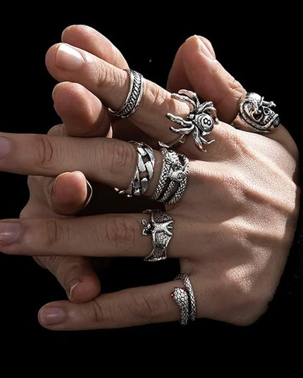 KISS WIFE Cool Rings Set for Women, Vintage Silver Punk Rings Bulk, Gothic Chunky Knuckle Emo Stackable Finger Ring Pack Western Jewelry Gift for Her