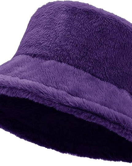 Women Plush Fluffy Bucket Hat Warm Lining Winter Faux Fur Cozy Wide Brim Winter