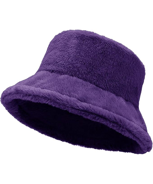 Women Plush Fluffy Bucket Hat Warm Lining Winter Faux Fur Cozy Wide Brim Winter