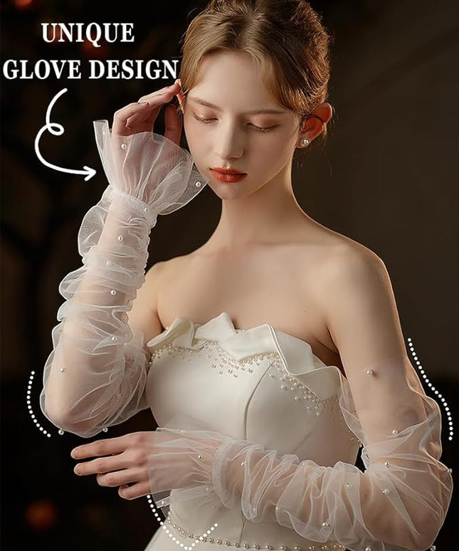Women's Long Bridal Wedding Tulle Glove Mesh Fingerless Gloves Pearl 1920 Opera Tea Party Sheer Gloves