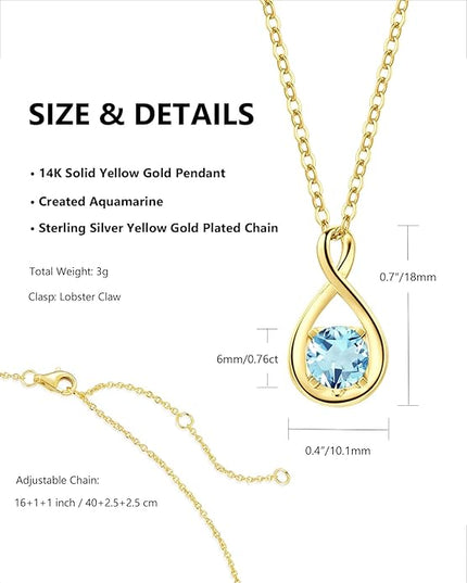 FANCIME 14K Solid Gold Birthstone Pendant with Sterling Silver Chain Infinity Gemstone Necklace Fine Jewelry Anniversary Birthday Christmas Gifts for Women Wife Her