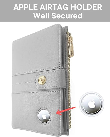 elzama Passport Holder with Airtag Slot for Travel Women, RFID Passport Wallet with Airtag Holder, Zipper Pocket Card Slots Pen Holder & Airtags Keychain (Air tag Not Included) Light Grey