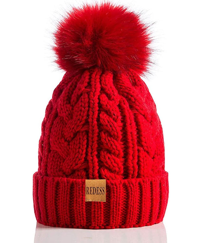 REDESS Women Winter Pompom Beanie Hat with Warm Fleece Lined, Thick Slouchy Snow Knit Skull Ski Cap
