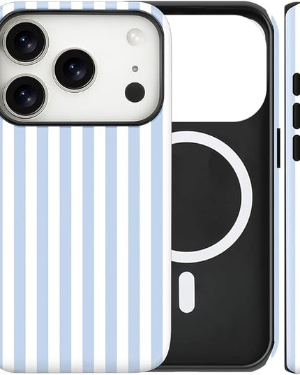 Magnetic for iPhone 17 Pro Case Cute Stripes Phone Case, Shockproof Slim TPU and Hard PC Protective Phone Cover Compatible with MagSafe Designed for Women Girls, Blue and White