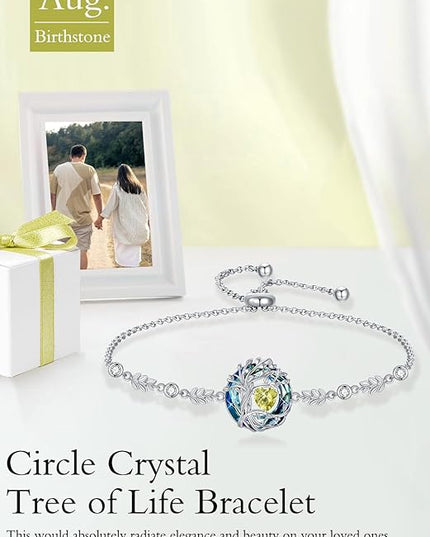 TOUPOP Tree of Life Birthstone Bracelet 925 Sterling Silver Family Tree Austrian Crystal Jewelry Anniversary Birthday Christmas Gifts for Women Wife Girlfriend Her