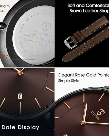 L LAVAREDO Watch for Men, Extremely Thin Mens Watches Minimalist Analog Men's Leather Wrist Watches with Time/Date, Birthday Gift for Men Boyfriend