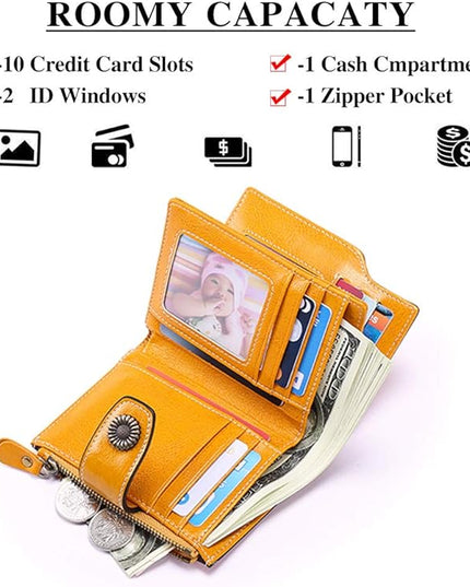 FALAN MULE Genuine Leather Small Wallet for Women, RFID Blocking, Compact Size, Yellow