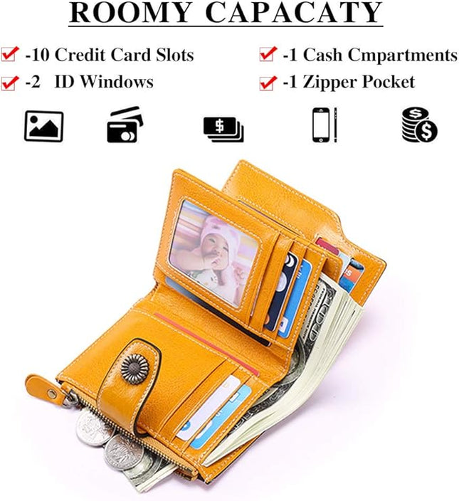 FALAN MULE Genuine Leather Small Wallet for Women, RFID Blocking, Compact Size, Yellow