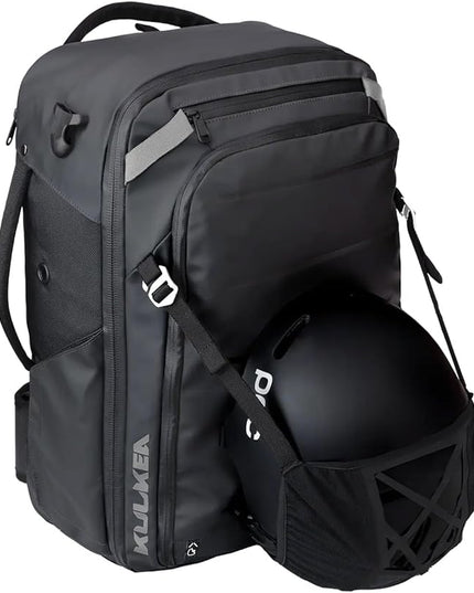 Käydä 44L Travel Backpack - Spacious Carry On Backpack with Detachable Travel Pouch, Magnetic Water Bottle Pocket, Passport and Laptop Pocket - Convertible Boot Bag for Snow Sports (Black/Silver)