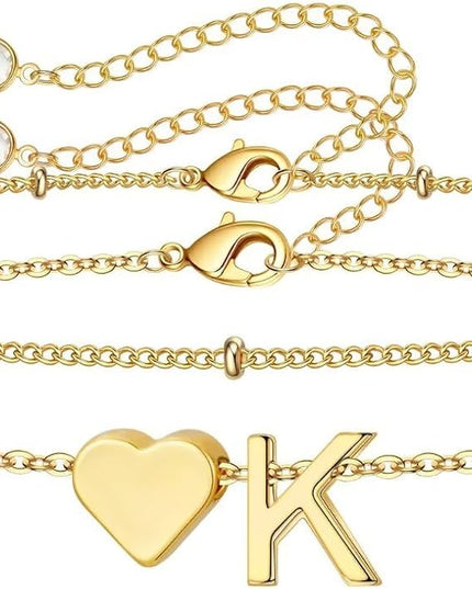 M MOOHAM Valentines Day Gifts for Kids Teen Girls -14K-Gold-Plated Heart Initial A-Z Bracelets for Women Girl Dainty Gold Bracelets Birthday Valentines Gifts for Women Her Teenage Girls Kid Teen Gift